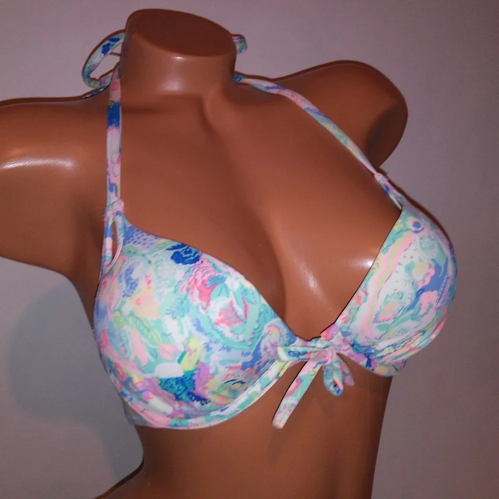 Victoria Secret Swim Bikini 32C Top Medium Bottom Push Up Blue Paisley Halter